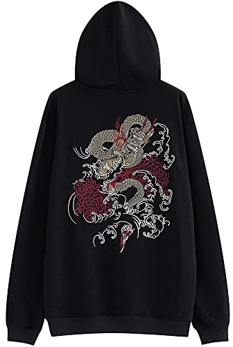XYXIONGMAO Embroiderd Streetwear Dragon Hoodies Men Techwear Sweatshirt Japanese Black Hip Hop Graphic Hoodie, Black, Medium