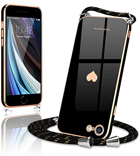 Wirvyuer Handykette Kompatibel mit iPhone 7/8/SE2020/SE2022 Hülle,Schwarz | Necklace Hülle mit Band zum Umhängen, Kameraschutz Liebesherz Schutzhülle mit Halsband, Galvanik Silikon Umhängetasche