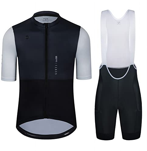 GCRFL Men's Cycling Jersey Set Cycling Kit Bicycle Jersey Rear Zipper Pocket Bike Bib Shorts with Pockets Race Fit High Density Pad (Black/White, L)