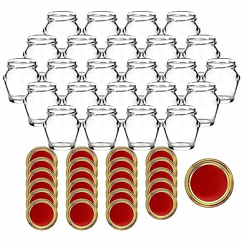 gouveo 24er Set Einmachgläser 106 ml Henkel mit Schraubdeckel - Leere Vorratsgläser zum Einkochen und Aufbewahren - Kleine Gläser für Selbstgemachtes (EGH106RG)