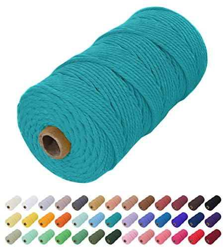 Uiopa Makramee Garn 2mm x 200m, Baumwollkordel Farbig Baumwollgarn Geflochten Baumwollseil, Natürliche Baumwollschnur für Wandbehang, Vorhang, Traumfänger, Hängepflanze, Deko (Pfauenblau)