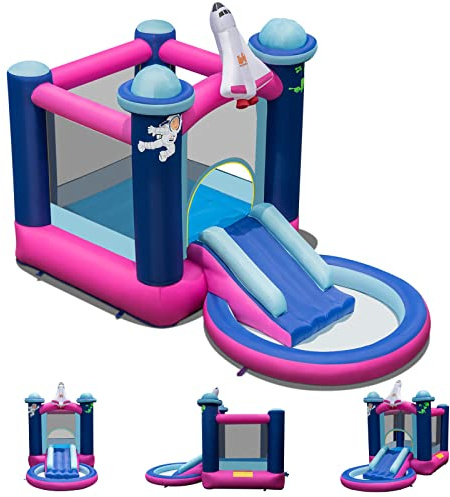 COSTWAY Château Gonflable avec Toboggan Aquatique, Aire de Jeux Gonflable Intérieur Extérieur avec Maison de Saut & Piscine, Thème de l'espace, Charge 130kg pour 3 Enfants de 3-10 Ans