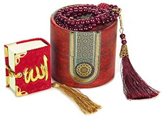 ihvan online, Islamischer Gebetszylinder Geschenkbox mit elegantem samtigem Mini Koran & Gebet Beads Tesbih, Ramadan & Eid Geschenk, Burgund