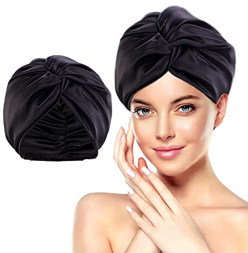 AWAVM Sidenmössa för sömn, sovmössa, siden, silkesbonnet, supermjuk konstsilke hårvård, nattmössa, satin bonnet hårmössa med elastiskt band, lämplig för tvätt, smink och sport, svart