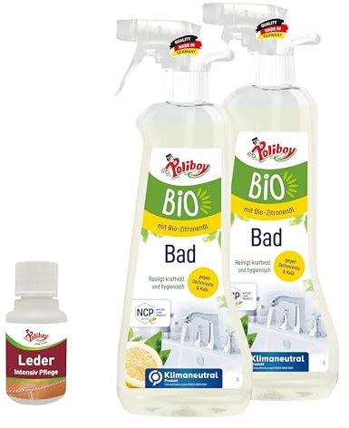 POLIBOY BIO Bad Reiniger - Löst Kalk, Schmutz & Wasserflecken - Zitronenduft - Vegan - 2x 500 ml - Mit Produktprobe - Made in Germany
