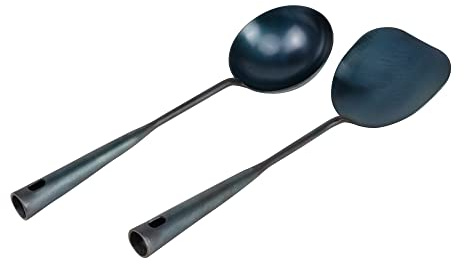 ZhenSanHuan - Juego de utensilios de wok de hierro tradicional hecho a mano y espátula china, utensilios largos para wok (cuchara y espátula, 32 cm)
