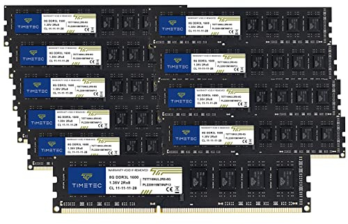 Timetec 80GB KIT(10x8GB) DDR3L / DDR3 1600MHz (DDR3L-1600) PC3L-12800 / PC3-12800 Non-ECC Unbuffered 1.35V/1.5V CL11 2Rx8 Dual Rank 240 Pin UDIMM Desktop PC Computer Memory RAM(SDRAM) Module Upgrade
