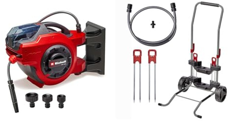 Einhell Enrouleur de tuyau sans fil GE-HR 18/30 Li-Solo (18V, mécanisme d’enroulement auto, pivote jusqu’à 180°, support mural, tuyau d’arrosage 30m et buse de pulvérisation, sans batterie) + Chariot
