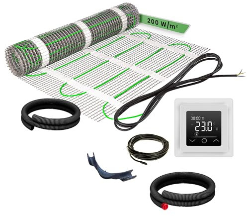 EH Expert EcoPRO Heizmatten Set | 200 W/m² | 3 m² | Elektrische Fußbodenheizung - für Fliesen, Naturstein, Teppich, Vinyl und Laminat, inkl. Installationsmaterial, mit Touchthermostat (Weiß)