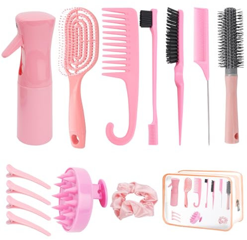 FIDWALL Hair Brush Set,14 Pcs Hair Brushes Hairdressing Tools,Includes Transparent Cosmetic Bag,Spray Bottle,Edges Brush,Curly Hair Brush,Round Brush,Scalp Brush And Hair Clips,Hair Care Styling Tools