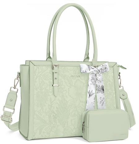 MOSISO Laptoptasche Damen, 17-17,3 Zoll Arbeitstasche Handtasche Groß | PU Leder Arbeitstasche Lehrer Shopper Business Tasche, Hibiskus-Prägung Tote Bag mit Seidenschal&Clutch, Salbei Grün