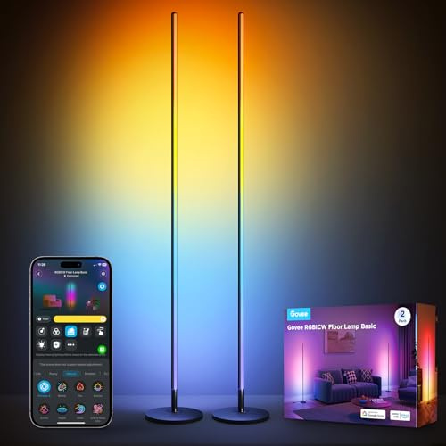 Govee RGBICW LED Stehlampe Wohnzimmer 2pack, WiFi Stehlampe Dimmbar, Arbeiten mit Alexa und Matter, 16 Millionen Farben, 85 Szenenmodi, Musikmodi, DIY-Modus Standleuchte für Schlafzimmer, Schwarz