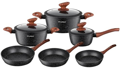 FLORINA MASTER BLACK Juego de Ollas y Sartenes | Set 6 piezas | Aluminio de calidad | Tapas de vidrio templado | Inducción, gas, eléctrico, cerámica | Lavavajillas | Juego completo de cocina