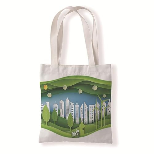 Homeyang Jutebeutel Green Beige City Stoffbeutel Canvas Wiederverwendbare Beuteltasche Damen Kinder Büchertasche Einkaufsbeutel mit Henkeln Stofftasche Waschbar Tote Bag 33x37 cm