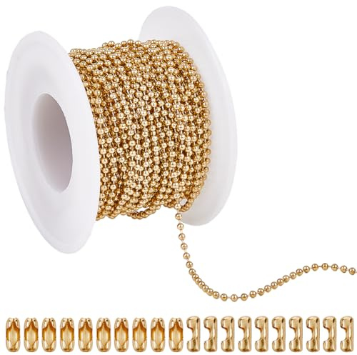 SUNNYCLUE 32.8 Fuß/10 m Goldene Kugelkette Mit Perlen Schlüsselanhänger Aus Edelstahl Mit Perlen Und 20 Verbindungsverschlüssen Hängende Ornamente Perlen Erkennungsmarke Kette Zur Schmuckherstellung H