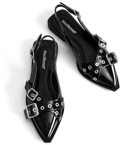 MaxMuxun Slingback Flats for Women Studs Buckle Mary Jane Shoes Cross Strap Closed Toe Sandals Pointed Toe Ballerina Shoes Ballet Flats