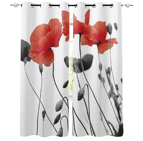 Rptidmv Vorhänge mit Ösen Mohnblume Vorhang Blickdicht Verdunklungsvorhänge Thermovorhang Schallschutz - Wohnzimmer Schlafzimmer Büro Deko Garten 2er Set -140 x 245 cm (B x H)