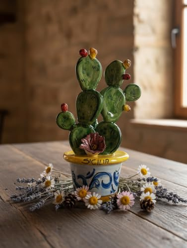 Piantina vaso ficodindia decorativo in ceramica di Caltagione realizzato a mano (GIALLO)