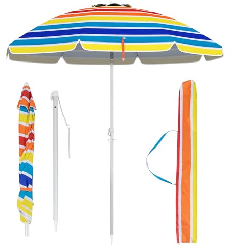 RELAX4LIFE Sonnenschirm Strand 178 cm, UPF 50+, Strandschirm Windfest Stabil, 30° knickbar, Gartenschirm Rund, Balkonschirm mit Tragetasche, Marktschirm Sonnenschutz für Garten & Balkon (Bunt)