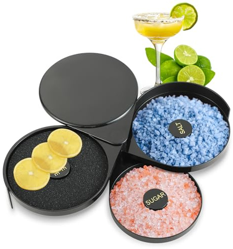 FLKQC 3-Tier Bar Glass Rimmer Bartender Tool, Margarita Salt Rimmer Set, Salt Rimmer for Cocktails, 3-Tray Salt Box Spice Container, Bar Cocktail Tool
