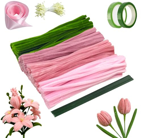 WOUMON 300pcs Fil Chenille Bouquet de Tulipes, Kit de Cure-Pipes Multicolores, Cure Pipe Chenille pour Décoration DIY