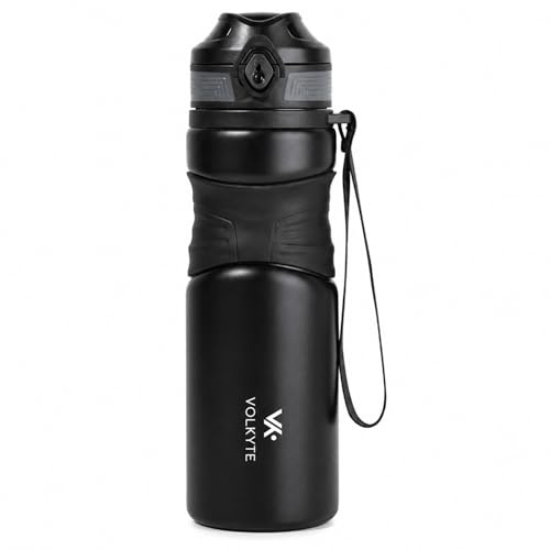 VOLKYTE Botella Térmica para Agua 600 ml, Acero Inoxidable 316 de Doble Pared, 12 h de Calor y 24 h de Frío, Tapa Antifugas con Cierre de Seguridad y Correa, Negra