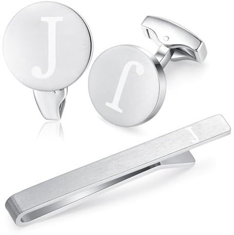 HONEY BEAR manschettenknöpfe & krawattennadel Set Initialen Buchstabe Herren Hochzeit Cufflinks Manschettenknopf Silber，A-Z (J Dicker)