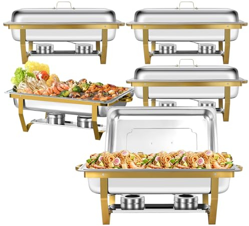 PRIJESSE 5 Stück Chafing Dishes für Buffet, 8QT Golden Chafing Dish Buffet-Sets mit Lebensmittelpfanne in voller Größe und faltbarem Rahmen, Lebensmittelqualität Edelstahl Chafer für Partys, Buffets