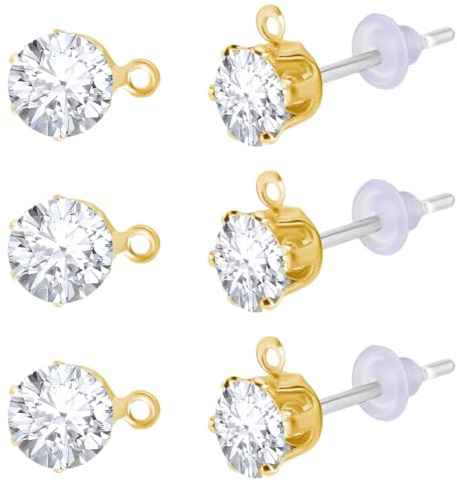 Beebeecraft 1 Scatola da 30 Pezzi di Orecchini A Bottone in Cristallo 925 perni in Argento Sterling con Dadi in Plastica per Orecchini Perno per Orecchini in Zirconia Cubica con Strass Dorati e