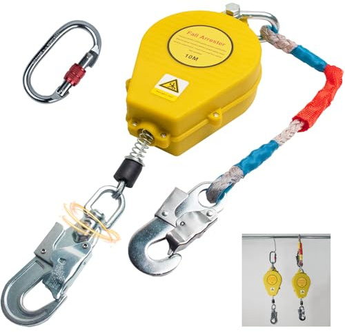 Aocay Dispositif Antichute a Rappel Automatique, Harnais de Securite Anti Chute Rétractable 10m/15m/20m, Protection Antichute Rétractable 150kg pour Travaux sur Toit et Aériens(Jaune,10 Mètres)