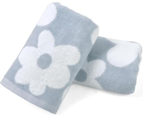 Vesavifaka Floral Hand Towels for Bathroom Kitchen - 2 Pack 100% Cotton Face Towels 13 x 28, Soft Decorative with Cute Daisy Prints for Guest Room, Kitchen Decor, Dusty Blue