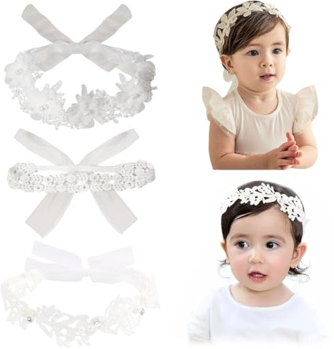THQAE 3 Pcs fascia neonato, fascia per bambini, Fasce Per Capelli Per Bambini In Pizzo, matrimonio bambini fascia per capelli fascia neonato, fascia pizzo chiffon moda fascia elastica capelli