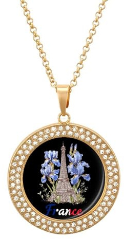 Eiffel Tower Iris Flowers France French Flag Women's Necklaces Round Alloy Pendant Necklace Minimalist Jewelry Gift