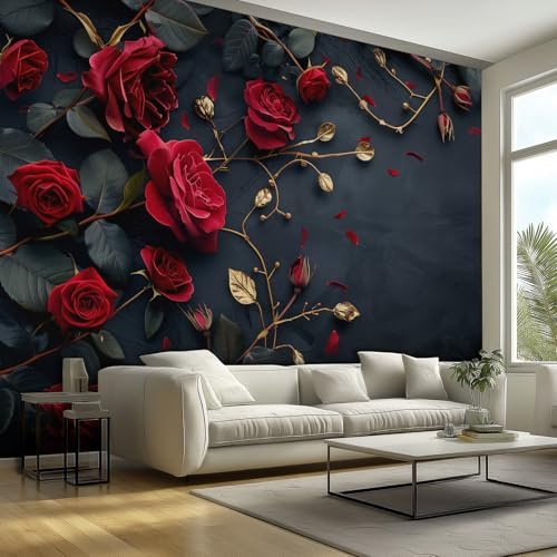 Generisch Tapete Rote Rosen Motiv, Schwarz Rot Blumen Fototapete, Wohnzimmer, Schlafzimmer, Vliestapete, Wandtapete, Wand Deko, Mustertapete 450x315 cm - S&E303