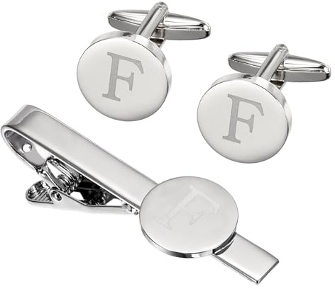 PATIKIL Set Manschettenknöpfe und Krawattenklammer mit Initial F für Herren, Set Manschettenknöpfe und Krawattennadel mit eingraviertem Alphabet-Buchstaben, Geschenk für Herren Vater Ehemann Business