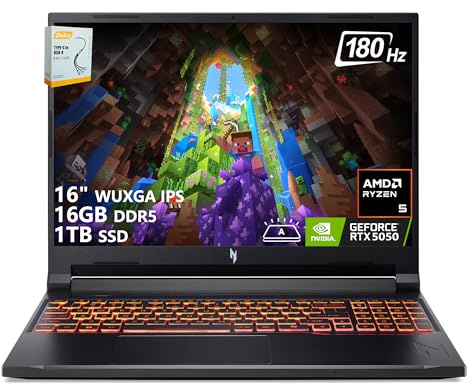 Acer Nitro V 16 AI Gaming Laptop | 16 WUXGA IPS 180Hz | AMD Hexa-Core Ryzen 5 240 | 16GB DDR5 1TB SSD | GeForce RTX 5050 8GB DLSS4 (Up to 440 AI Tops) | Backlit Keyboard Win11 w/DLCA Accessory