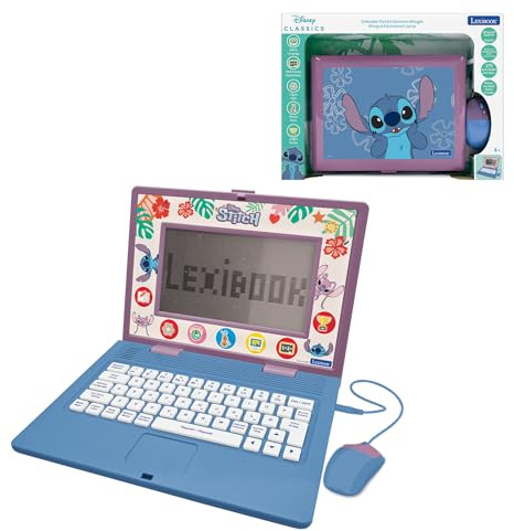 LEXIBOOK, Disney Stitch JC599Di2LXB zweisprachiger Lerncomputer, Spanisch/Englisch, Kinderspielzeug, 170 Aktivitäten zum Lernen, Spielen und Musik, großes Display, Blau