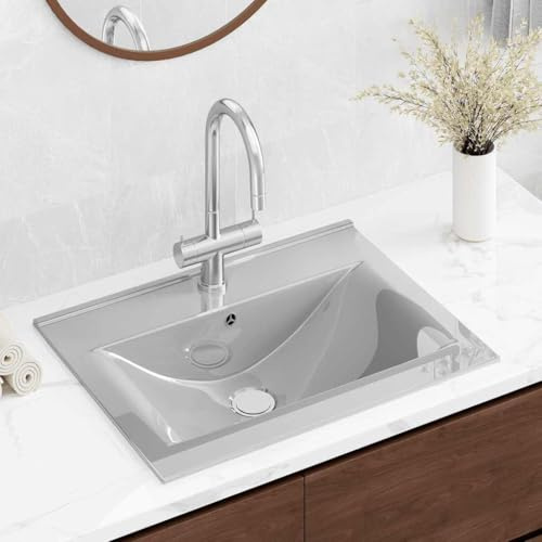 Mokuyary Lavabo da appoggio in ceramica, con troppopieno, 60 x 46 x 16 cm, in ceramica, colore: argento