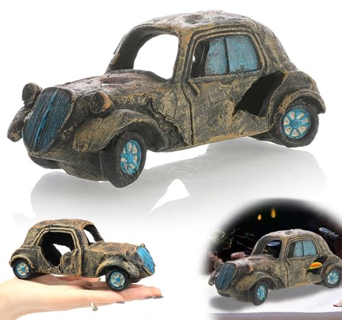 Qanye Aquarium Dekoration Auto Wrack, Harz Ornamente Realistisches Bus & PKW Versteck für Fische & Garnelen, Landschaftsbau Deko zum Spielen, Paaren & Ausruhen (Oldtimer), 14.5 x 7 x 6.5 cm