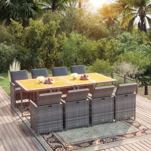 Runheo 9-TLG. Garten-Essgruppe mit Auflagen, Poly Rattan Grau, ausziehbarem Tischgestell, strapazierfähig, für Terrasse und Balkon, 8 Stühle, Komfortable Kissen
