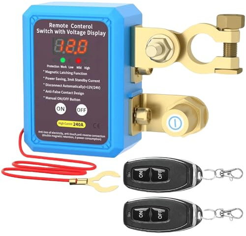 12V Drahtloser Ferngesteuerter, Auto Trennschalter Batterie Trennschalter 12V 240A mit LED-Spannungsanzeige Fernbedienung Automatische Abschaltung Batterietrennschalter für RV, ATV, LKW (Blau)