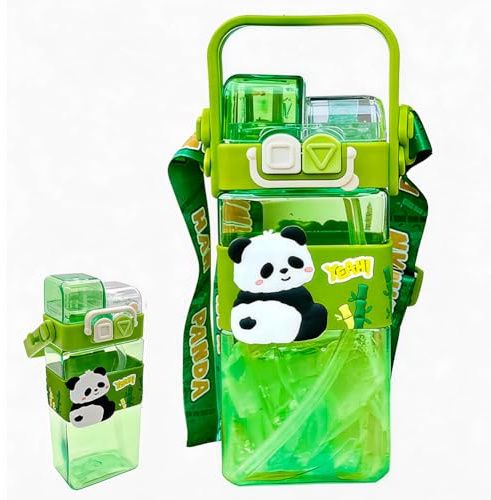 EduPlayte Panda Bouteille D'eau avec Paille, 520ml Gourde pour Enfants Bouteille, Bouteille d'eau Anti-fuite Réutilisable, pour école, gym, sport, camping multicolore (vert)