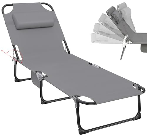 Sonnenliege Klappbar Leicht & Wetterfest, 5-Fach Gartenstuhl mit Liegefunktion, Dreibeinliege Liege Outdoor, Liegestuhl Gartenliege bis 150 KG - Strandliege Faltbar für Garten Balkon Camping (Grau)