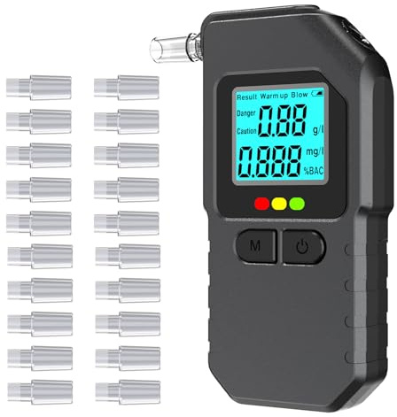 Breathalyzer Alcohol Tester with Dual Sensor, LCD and 20 Mouthpieces | Portable personal BAC monitor for home, parties, road trips and travel; color alerts and breath detection simplify each check