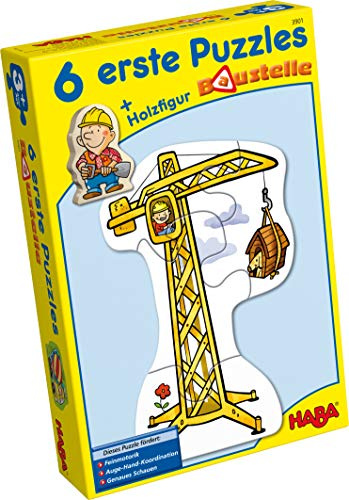 Haba 3901 - 6 erste Puzzles Baustelle, Puzzle mit 6 lustigen Baustellenmotiven für Kinder ab 2 Jahren, mit Bauarbeiterholzfigur zum freien Spielen
