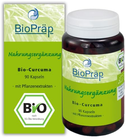 BioPräp BIO Curcuma Kapseln | 90 Zellulose-Kapseln | vegan und BIO | mit BIO-Curcumawurzel und BIO-Pfefferextrakt | produziert in Deutschland | zertifizierte Produktion