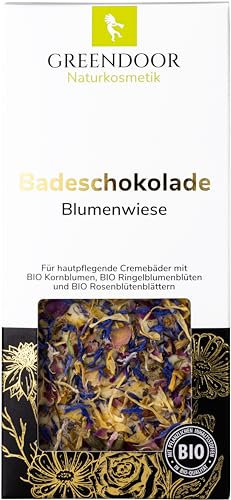 GREENDOOR Badeschokolade Blumenwiese 100g mit BIO Kakaobutter, Naturkosmetik Cremebad, natürlich ohne Tierversuche, Ölbad rückfettend mit Wellness-Effekt, Badezusatz Geschenke