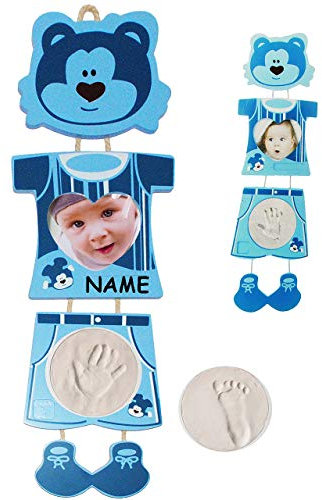 alles-meine.de GmbH 3-D Bastelset - incl. Namen - Händeabdruck oder Fußabdruck - incl. Foto Rahmen blau - Set Ton Abdruck - gießen Gipsformen Gips - Kind Kinder Form für Kinder B..