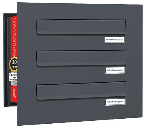 AL Briefkastensysteme 3er Briefkasten Mauerdurchwurf in Anthrazitgrau RAL 7016, 3 Fach DIN A4, wetterfeste Premium Briefkastenanlage Postkasten