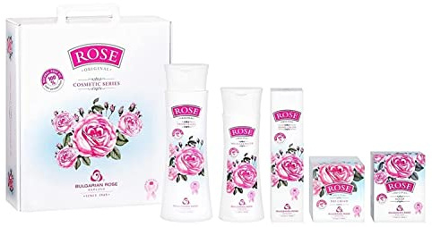 Rose Original Coffret Cadeau pour Femmes 5 pcs avec Huile de Rose 100% Naturelle, Eau Micellaire, Gel Douche, Crème de Jour pour le Visage, Crème pour les Mains et Savon Sans Paraben